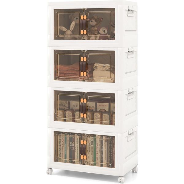Costway Contenitore Pieghevole Con Coperchio, Set Di 4 Contenitori Impilabili, Contenitore Con Ruote E Sportelli, Plastica (Pp Riciclato) (L 4Set)-image