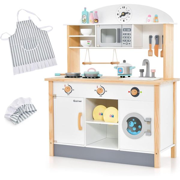 Cucina Per Bambini In Legno Costway, Cucina Da Gioco Con 17 Accessori, Cucina Giocattolo Con Forno A Microonde, Lavatrice, Fornelli E Pentole, Cucina In Legno Per Bambini A Partire Dai 3 Anni Di Età-image