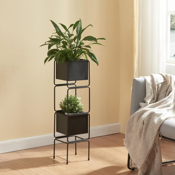 Supporto Per Piante 'Sveio' Con 2 Cassette Di Metallo 76 X 20 X 20 Cm Nero-image