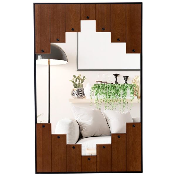 Costway Specchio Rettangolare Con Cornice In Legno E Ganci Bidirezionali, Specchio Da Parete Rustico 66X100Cm-image