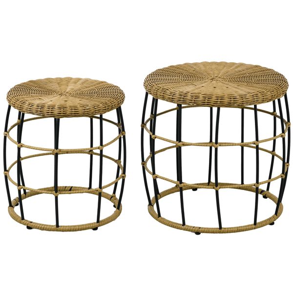 Outsunny Tavolino In Rattan Set Di 2, Tavolino Da Caffè, Tavolino Da Divano Impilabile, Tavolino Intrecciato A Mano Per Giardino, Balcone, Acciaio, Kaki-image