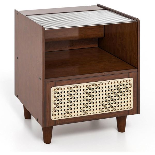 Comodino Costway In Bambù E Rattan Con Cassetto, Tavolino Con Piano In Vetro E Scomparto Aperto, Tavolino Da Divano, Comodino, Console Da Letto Boho Per Camera Da Letto, Soggiorno, 43 X 35 X 50 Cm-image