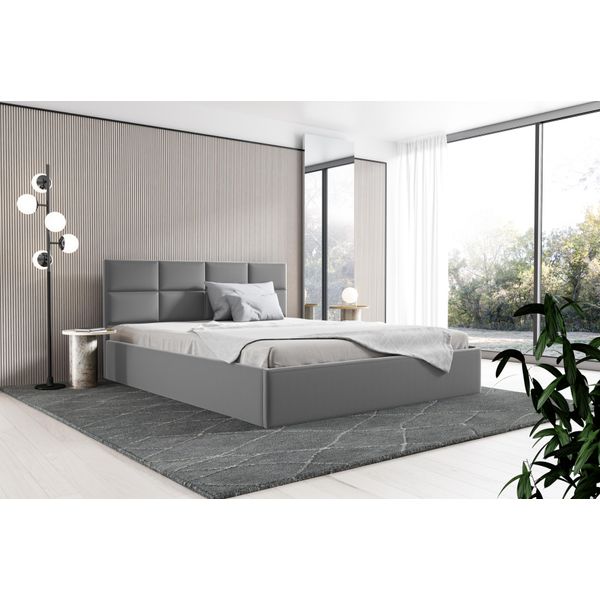 Gutto Letto Imbottito 180X200 Griglia A Doghe In Metallo Velluto Grigio Con Contenitore E Contenitore-image