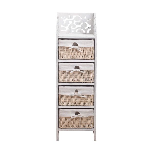 Cassettiera Rebecca Mobili, Intagliata Con 4 Cassetti In Legno E Vimini, Bianco-image
