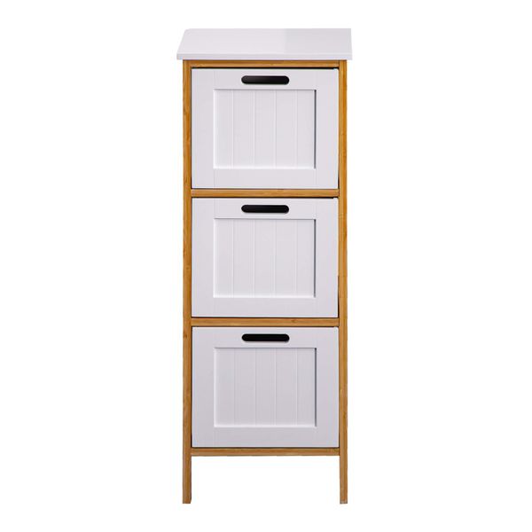 Cassettiera Da Bagno Rebecca Mobili Con 3 Cassetti In Mdf E Bambù, Bianco E Marrone-image