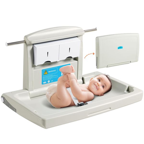 Vevor Fasciatoio Fasciatoio A Parete, Fasciatoio Estraibile Carrello Fasciatoio, Fasciatoio Grigio Con Materassino, Cintura Di Sicurezza, Salvaspazio E Stabile, Porta Fasciatoio Portata 20 Kg Bambino-image