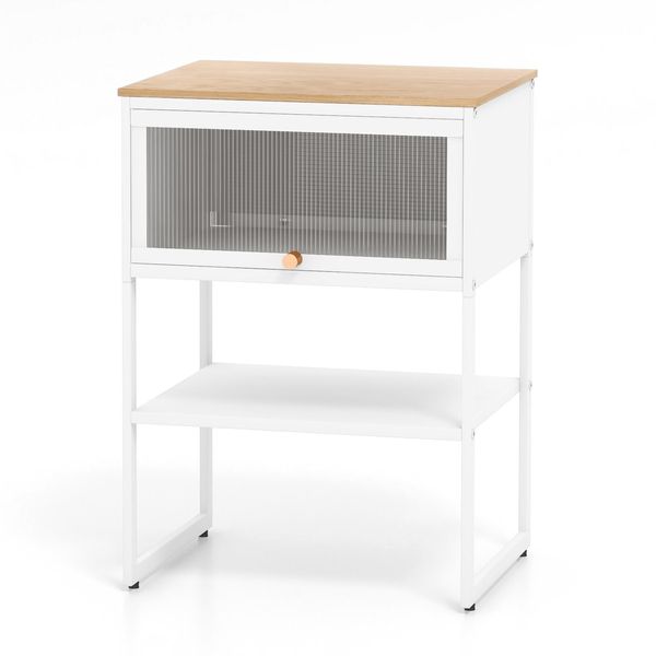 Costway Tavolino Da Letto Tavolino In Legno, Comodino Con Struttura In Metallo E Ripiano E Anta Trasparente, Tavolino Da Salotto 40 X 32 X 56 Cm Bianco-image