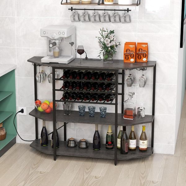 Portabottiglie Costway Con Portabicchieri E Ripiani, Portabottiglie A 3 Livelli Con Prese, Mobile Da Vino Industriale E Indipendente, 120 X 40 X 92 Cm (Grigio)-image
