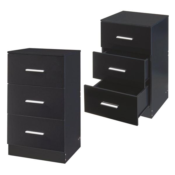 Comodino 'Aurdal' Set Di 2 Con 3 Cassetti Ciascuno 66 X 37 X 34,5 Cm Nero, Finitura Lucida-image