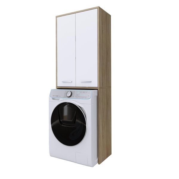 Armadio Per Lavatrice: Con Anta Lunga, Colore Rovere Sonoma / Bianco Opaco, 30 X 64 X 180 Cm-image