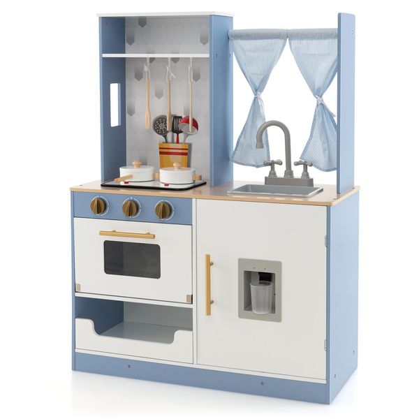 Cucina Per Bambini In Legno Costway, Cucina Da Gioco Con Tende, Fornello, Lavello, Forno E Distributore D'acqua, Cucina Giocattolo Con Pentole, Suoni E Luci, Per Bambini A Partire Dai 3 Anni Di Età-image