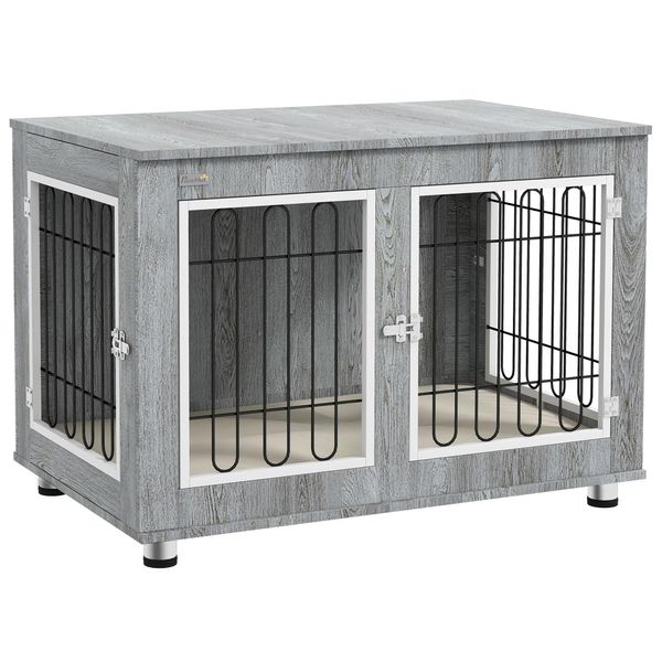 Gabbia Per Cani Pawhut, Cuccia Per Cani, Gabbia Per Animali Domestici Con Cuscino, 2 Chiusure Per Cani Di Taglia Media, Cassa Per Cani Con Doppie Porte, Casa Per Cani, Grigio, 90 X 58 X 65 Cm-image