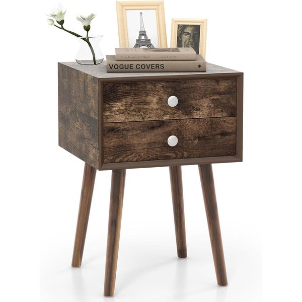 Comodino Costway Con 2 Cassetti, Comodino Per Letto A Molle, Tavolino In Legno, Cassettiera Per Soggiorno, Camera Da Letto, 40 X 40 X 59,5 Cm (Marrone Rustico)-image