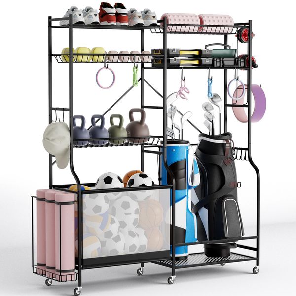 Costway 5In1 Organizzatore Per Golf, Organizzatore Per Mazze Da Golf Con 5 Ripiani Regolabili, Cestino Per Palline, 13 Ganci E Ruote Per Sacca Da Golf Attrezzatura Sportiva In Metallo-image
