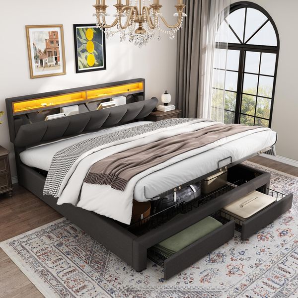 Letto Imbottito Flieks 180X200Cm Con 2 Cassetti, Letto A Molle Idrauliche Con Rete A Doghe, Letto Contenitore Con Led, Letto Giovanile Matrimoniale, Biancheria, Grigio-image