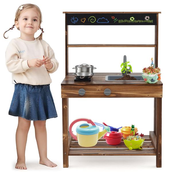 Cucina Del Fango Per Bambini Costway, Robusta Cucina Del Fango In Legno D'abete, Cucina Ludica Educativa Per Bambini Dai 3 Ai 7 Anni-image