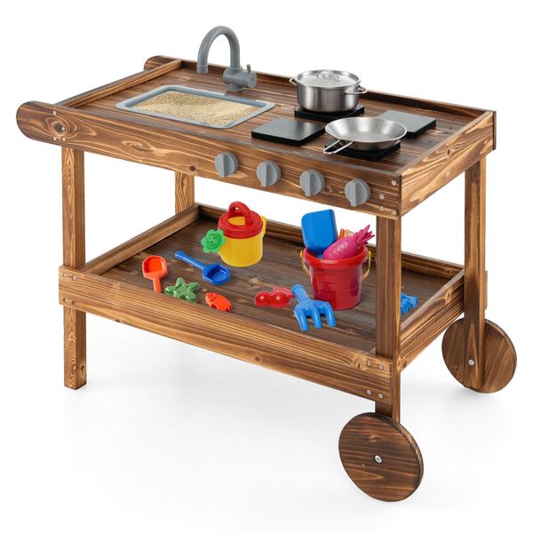 Costway Cucina Mobile Di Fango, Cucina Per Bambini All'aperto In Legno D'abete Con 2 Ruote, Set Da Gioco Per Bambini A Partire Dai 3 Anni Di Età-image