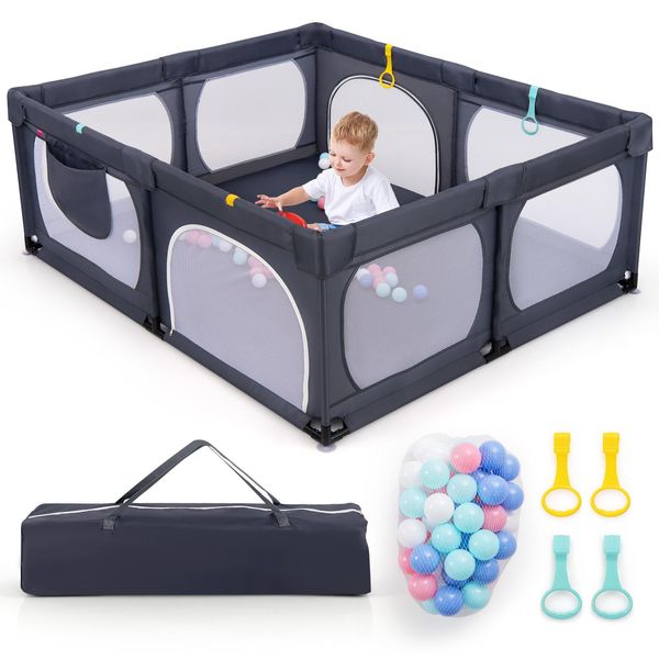 Costway Grande Box Per Bambini, Box Per Bambini Con 4 Anelli Di Trazione E 50 Palline Oceaniche, Per Bambini Da 0 A 3 Anni Grigio Scuro-image