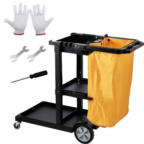 Carrello Per Le Pulizie Vevor Carrello Per Le Pulizie Con 3 Scomparti, Carrello Per L'igiene Carrello Per Le Pulizie Con Capacità Di Carico Di 90,7 Kg, Carrello Per Mop In Pp Nero Carrello Di Sistema Con Sacco Per Rifiuti E Guanti In Pvc, Adatto Per Uffici, Centri Commerciali, Hotel-image