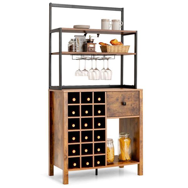 Costway Armadio Da Cucina Indipendente Con Portabottiglie E Cassetto, Portaoggetti A 4 Livelli Con Portabicchieri Per 18 Bottiglie Di Vino Marrone-image