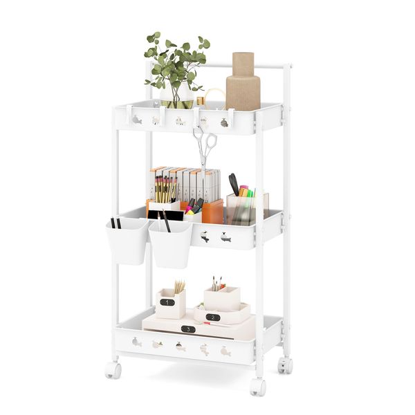 Costway Carrello A 3 Livelli, Carrello Multiuso Con 2 Tazze Sospese E 4 Ganci, Carrello Mobile Con Maniglione Bianco-image
