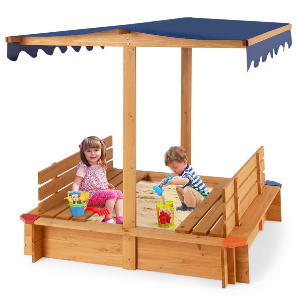 Sabbiera Costway Con Tetto, 120 X 120 Cm In Legno Di Cedro, Grande Sabbiera Con 2 Panchine Trasformabili-image