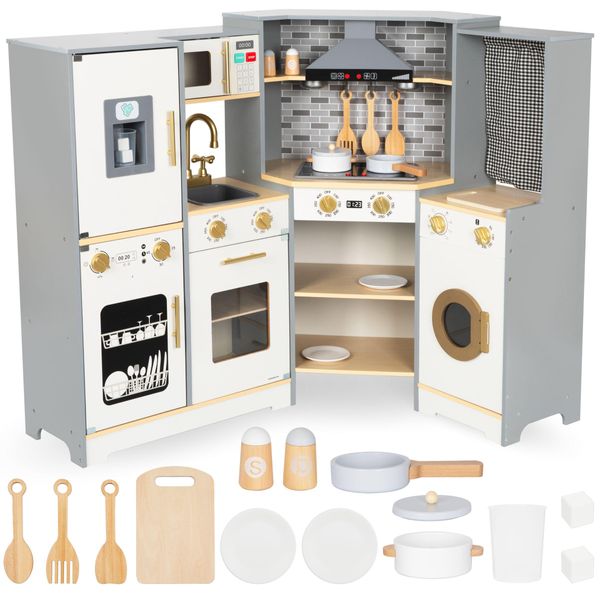Mamabrum Xxl Cucina Ad Angolo In Legno Per Bambini Con Led E Numerosi Accessori-image