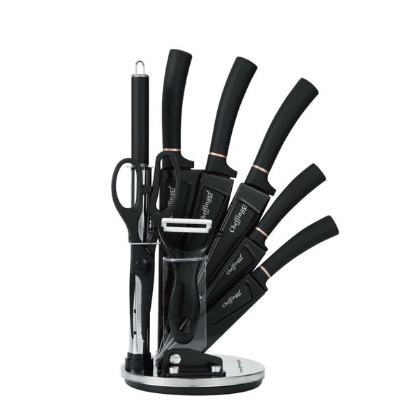 Set Di Coltelli Da 9 Pezzi Set Di Coltelli Da Chef Girevoli In Acciaio Inox Con Supporto Per Coltelli In Nero-image