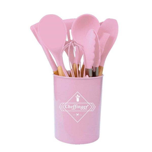 Set Di Utensili Da Cucina Da 12 Pezzi Pentole In Silicone Con Manico In Legno Rosa-image
