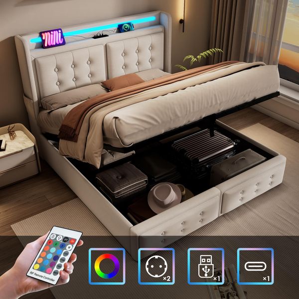 Letto Imbottito Flieks 140X200Cm Con Funzione Di Carico, Letto Matrimoniale Per Ragazzi Con Led, Letto Contenitore Idraulico Con Rete A Doghe, Cotone Beige-image
