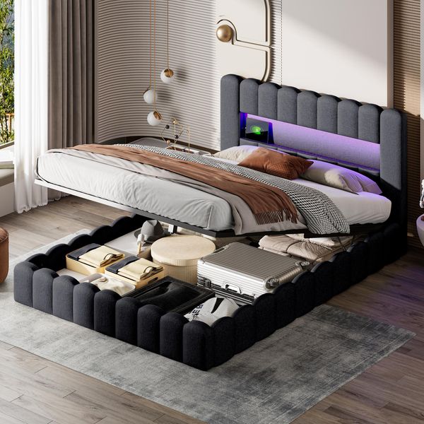 Letto Imbottito Fortuna Lai 160X200Cm Con Usb, Letto Giovanile Letto Matrimoniale Con Rete A Doghe E Contenitore, Letto Contenitore Con Led, Lino, Grigio-image