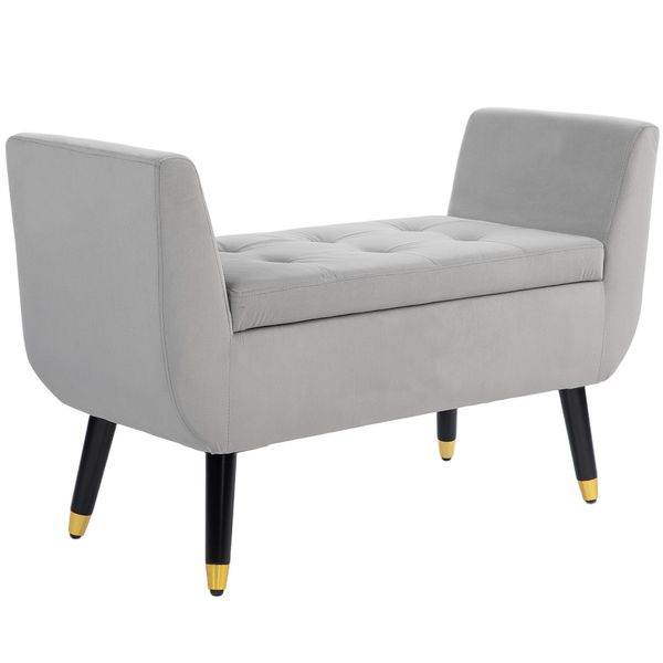 Homcom Panca Panca Imbottita Con Vano Portaoggetti Braccioli Panca Per Il Petto Legno Di Gomma Vellutato In Poliestere Grigio Chiaro 107 X 42 X 65 Cm-image