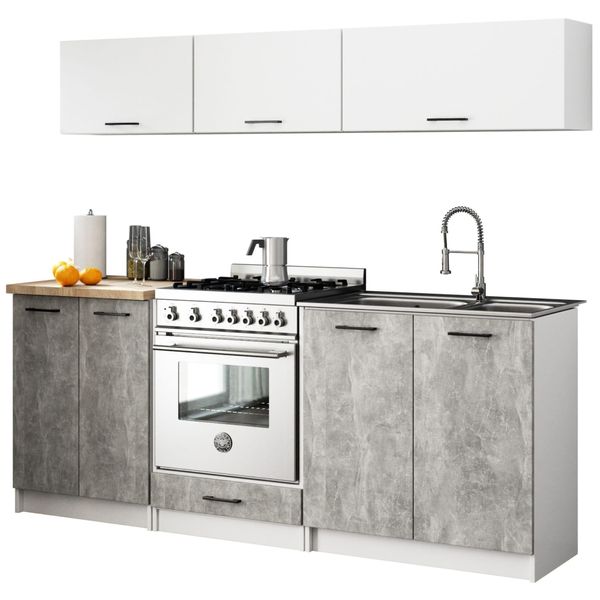 Set Da Cucina: Otto Ante, Sei Ripiani, Colore: Bianco | Cemento, Dimensioni Mobili: L: 200 Cm, A: 174 Cm, P: 46 Cm-image