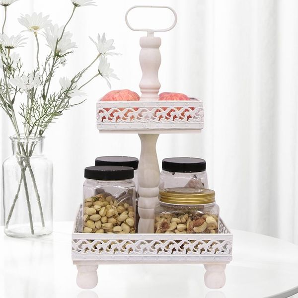 Melko Etagere Piatto Da Portata A 2 Piani Fruttiera Pasticceria Alzata Per Torte - Bianco Metallo-image