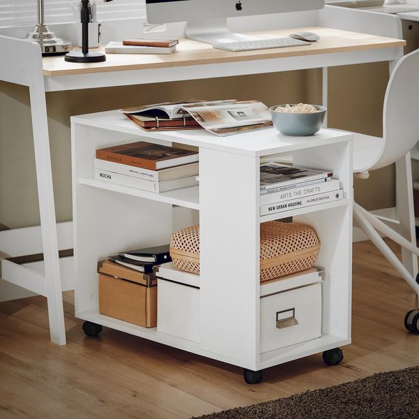 Tavolino Con Rotelle Sobuy, Tavolino Rotante A 2 Livelli Con Vani Portaoggetti, Libreria Mobile Per Soggiorno, Camera Da Letto, Ufficio FBT34-W-image