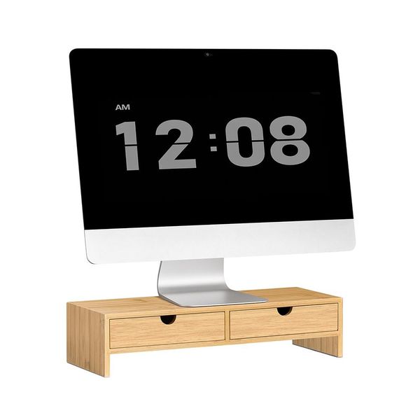 Sobuy® Supporto Per Monitor, Alzata Per Monitor, Piano In Bambù Con 2 Cassetti, FRG198-N-image