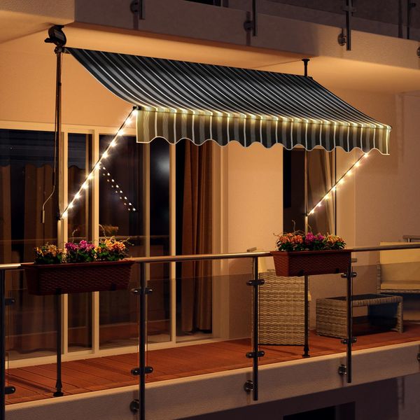 Led - Tenda Da Sole A Manovella 300Cm Tenda Da Sole Per Balcone Tenda Da Sole Per Terrazza Balcone - 300X150Cm - Grigio/Bianco-image