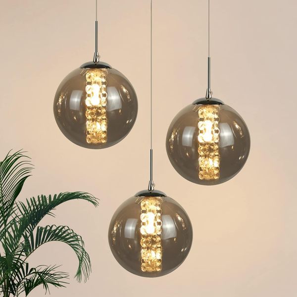 Zmh Lampada A Sospensione Tavolo Da Pranzo 3 Fiamme Grigio Lampada A Sospensione Altezza Regolabile Lampadario Lampada A Sospensione Vetro Per Soggiorno Camera Da Letto Cucina Corridoio-image