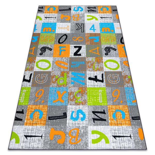 Tappeto Per Bambini Jumpy Patchwork, Lettere, Numeri Grigio / Arancio / Blu Multicolore 100X500 Cm-image