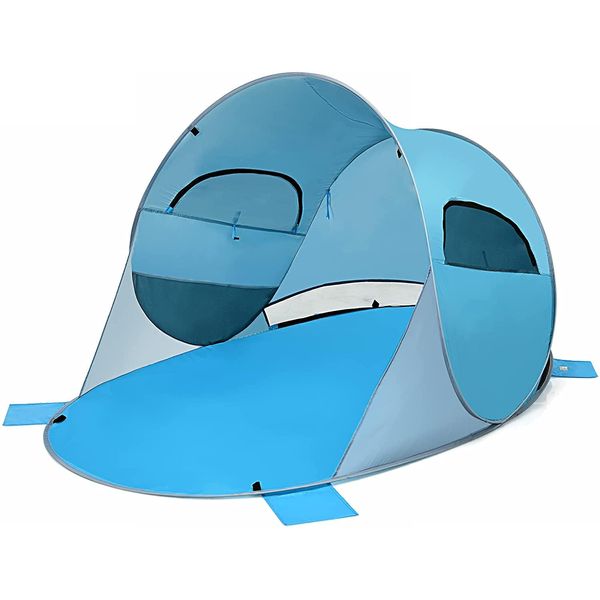 Costway Tenda Da Spiaggia Pop-Up Per 3-4 Persone Con Borsa Da Trasporto E 2 Finestre A Rete, Protezione Solare UPF50+ Blu-image