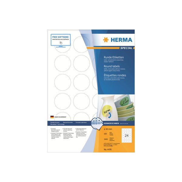 Herma Special - Carta - Opaca - Autoadesiva, Adesivo Rimovibile - Bianca - 40 Mm Rotonda 2400 Etichette (100 Fogli X 24) Etichette-image