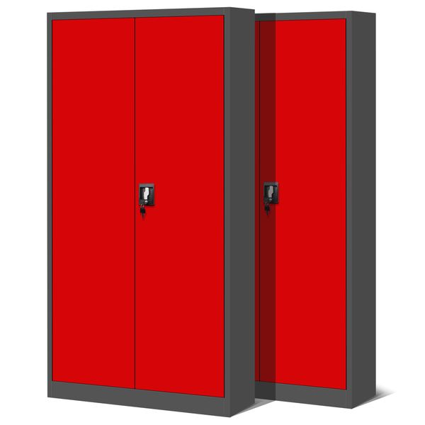 Set Di 2 Schedari C001 Armadio In Metallo Armadio In Acciaio Armadio Per Utensili Armadio Per Ufficio Armadio Per Archiviazione Armadio Universale Verniciatura A Polvere Porte A Battente 185 Cm X 90 Cm X 40 Cm Colore: Antracite/Rosso-image
