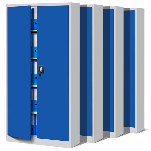 Set Di 4 Schedari C001 Armadio In Metallo Armadio In Acciaio Armadio Per Utensili Armadio Per Ufficio Armadio Per Archiviazione Armadio Universale Verniciatura A Polvere Porte A Battente 185 Cm X 90 Cm X 40 Cm Colore: Grigio/Blu-image