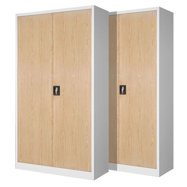 Set Di 2 Schedari C001 Armadio In Metallo Armadio In Acciaio Armadio Per Utensili Armadio Per Ufficio Armadio Per Archiviazione Armadio Universale Ante A Battente Verniciate A Polvere 185 Cm X 90 Cm X 40 Cm (Bianco/Effetto Legno)-image