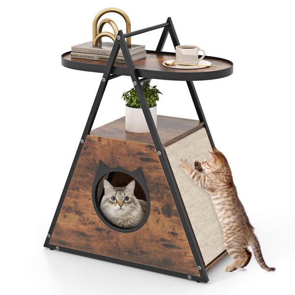 Armadietto Per Gatti Costway, Casetta Per Gatti & Tavolino & Comodino, Armadietto Con Grotta Per Gatti & 2 Tappetini Tiragraffi & 2 Ripiani, Struttura Ad A, Mobili Per Gatti Cani Animali Domestici, 60 X 63 X 76 Cm, Marrone Vintage-image