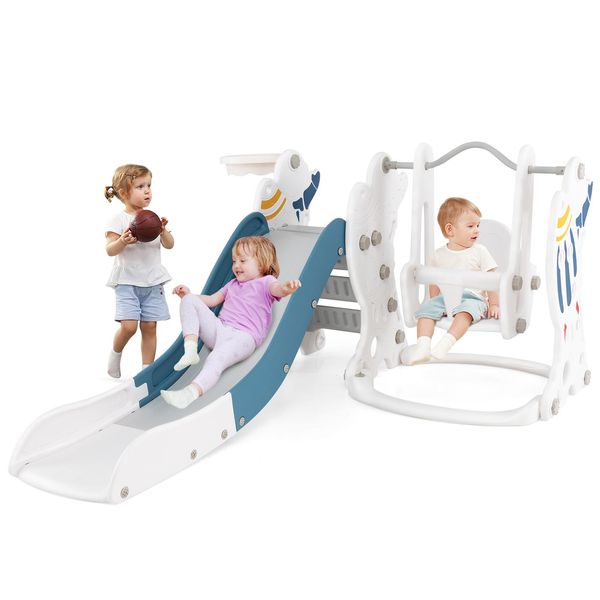 Costway Altalena Per Bambini Con Scivolo, 4 In 1 Altalena & Scivolo & Canestro Da Basket & Scala, Con Palla, Altalena Da Giardino Per Bambini Altalena Per Bambini Per Interni Esterni, Per Bambini A Partire Dai 18 Mesi Di Età-image