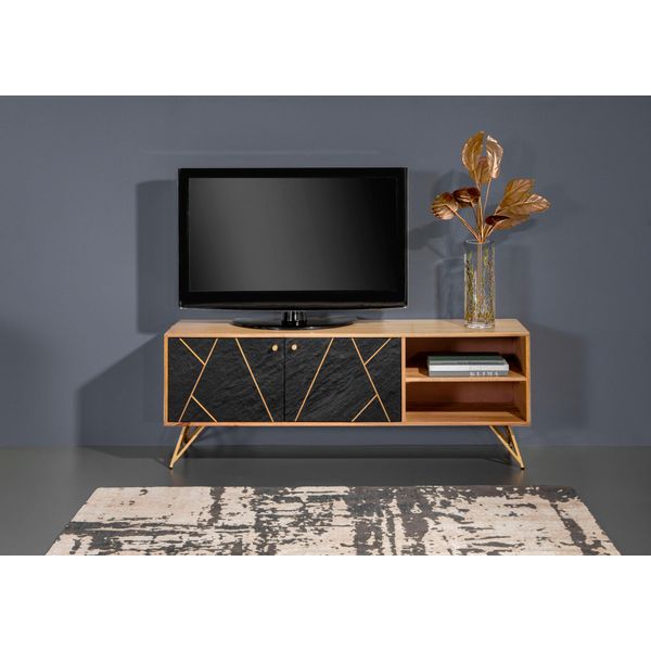Lowboard Gutmann Factory "Lennon", Schwarz (Natur, Schwarz), B:140Cm H:54Cm T:42Cm, Sideboards, Lowboard, Kommode Mit Echtsteinfurnier Und Messingapplikationen-image