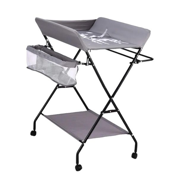 Fasciatoio Portatile Per Neonati, Design Pieghevole, Regolabile In Altezza Con Rotelle, Grigio Con Ruote-image