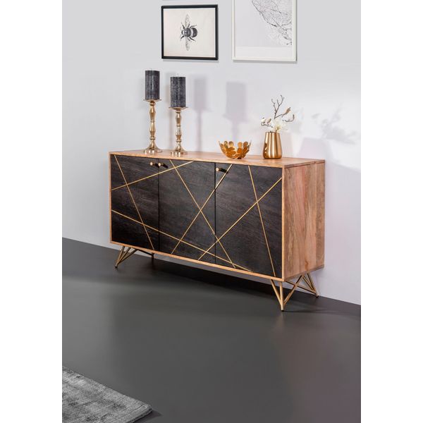 Sideboard Gutmann Factory "Lennon", Schwarz (Natur, Schwarz), B:145Cm H:80Cm T:42Cm, Sideboards, Sideboard, Kommode Mit Echtsteinfurnier Und Messingapplikationen-image