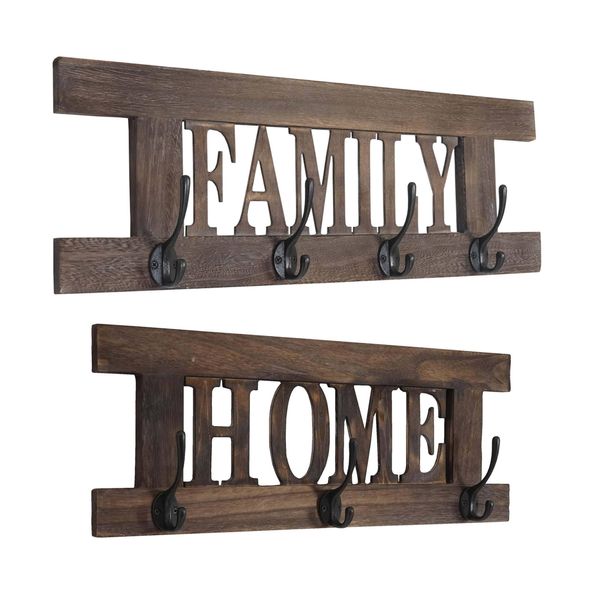 Set Di Appendiabiti Da Parete 2 Pezzi HWC-C60 Home+Family Pannello Appendiabiti, Look Shabby Vintage ~ Marrone, Shabby-image